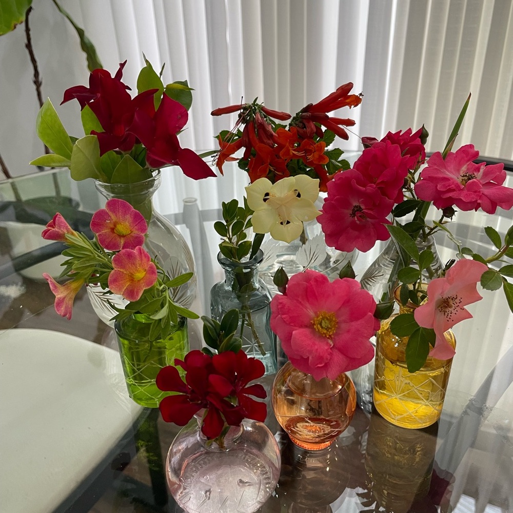 Glass etched vases in jewel tones. 5 shapes: 3", 3-1/2", 4". Perfect condition.